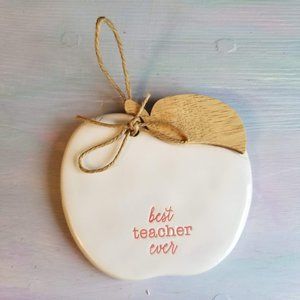 MUD PIE BEST TEACHER ORNAMENT, ceramic apple, pine wood detail, twine, GIFT